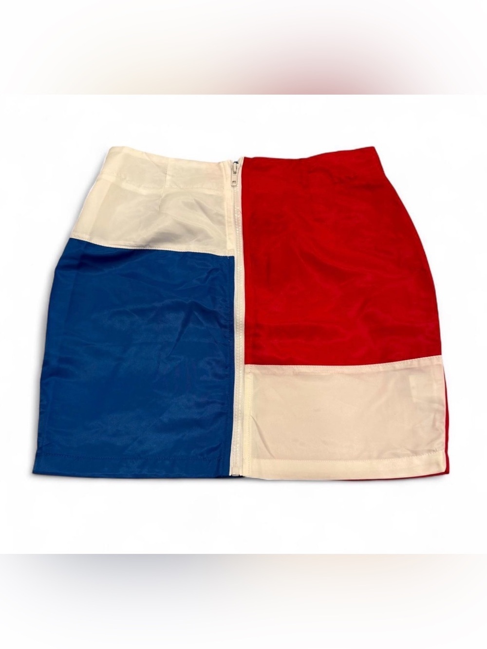 Fashion Nova Red, Blue & Cream Colorblock Zip-Front Mini Skirt